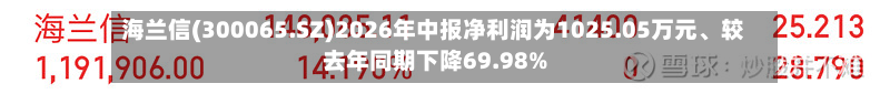 海兰信(300065.SZ)2026年中报净利润为1025.05万元	、较去年同期下降69.98%-第1张图片