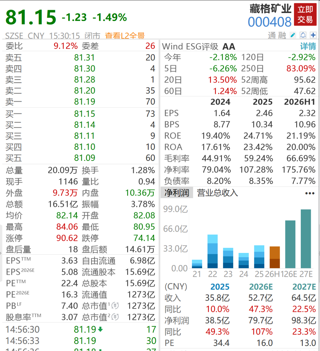 千亿铜矿巨头	，净利大增超100%创历史新高