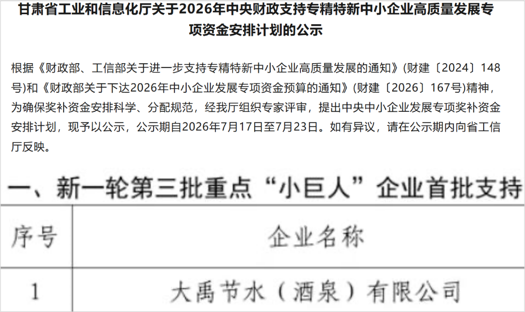 从“小巨人”到“重点	”	，大禹集团迎国家级专精特新企业培育新突破